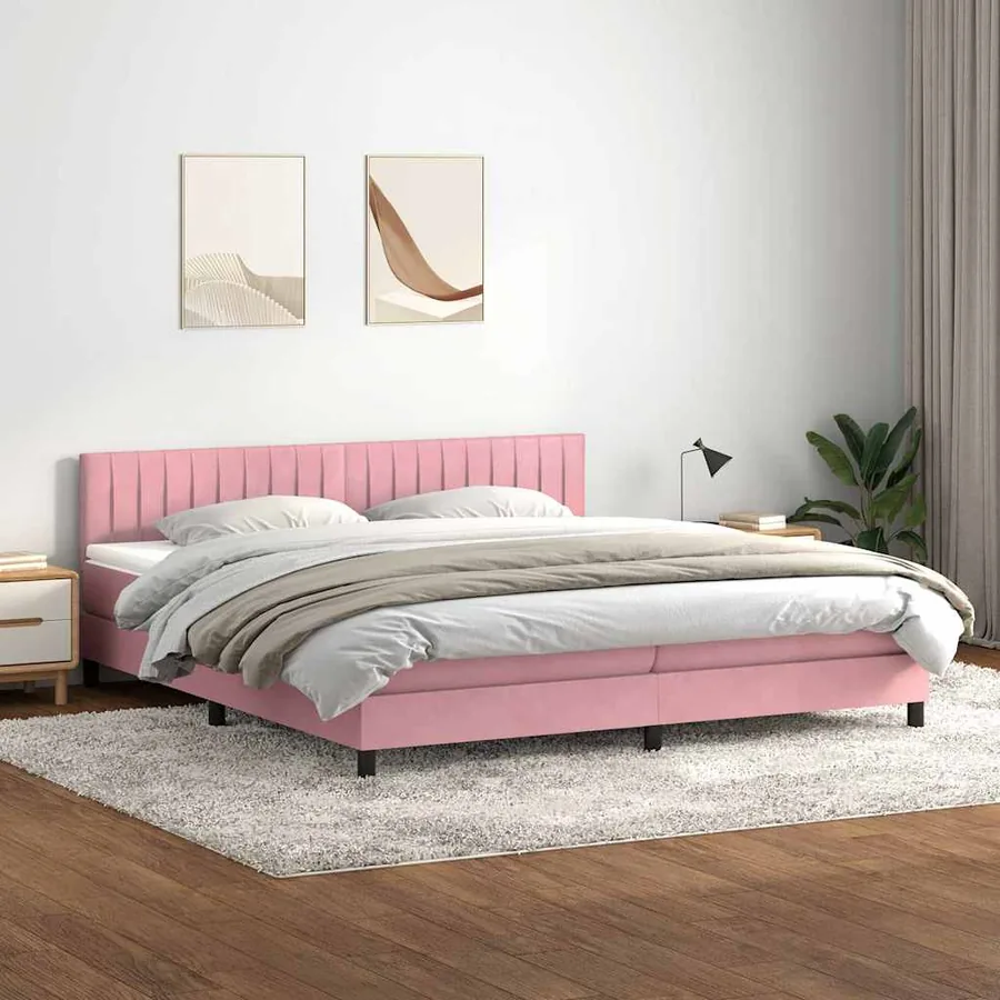 Sommier à lattes de lit avec matelas et LED rose 180x220 cm velours