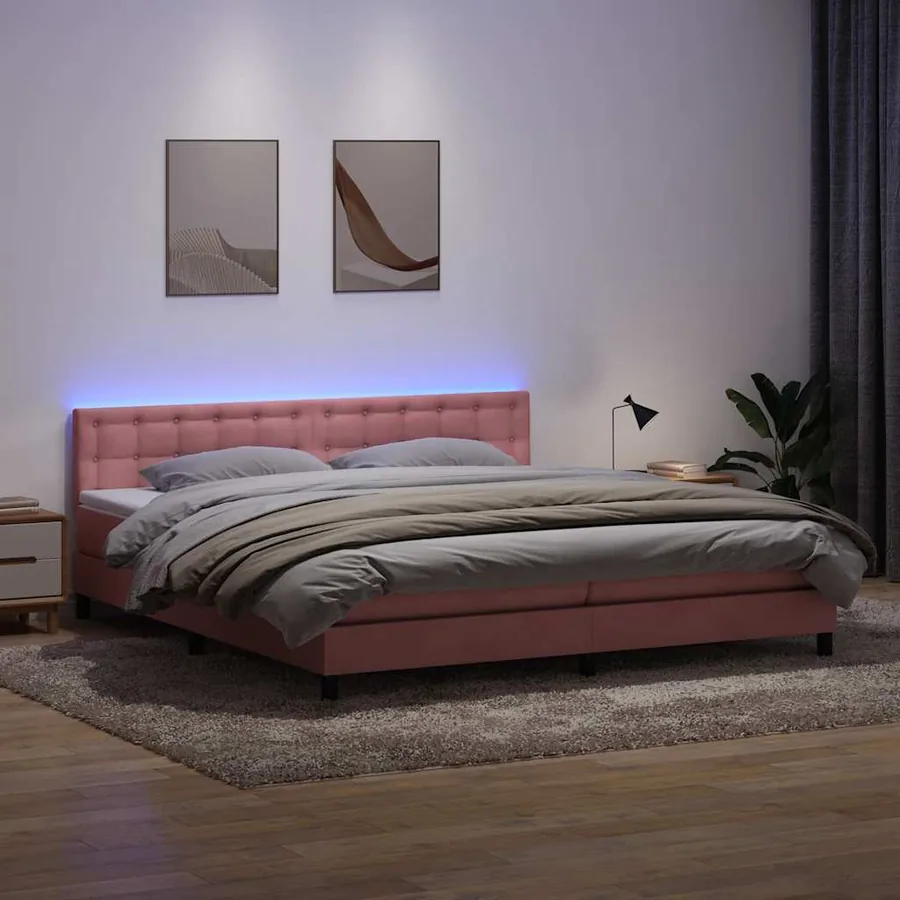Sommier à lattes de lit avec matelas et LED rose 180x220 cm velours
