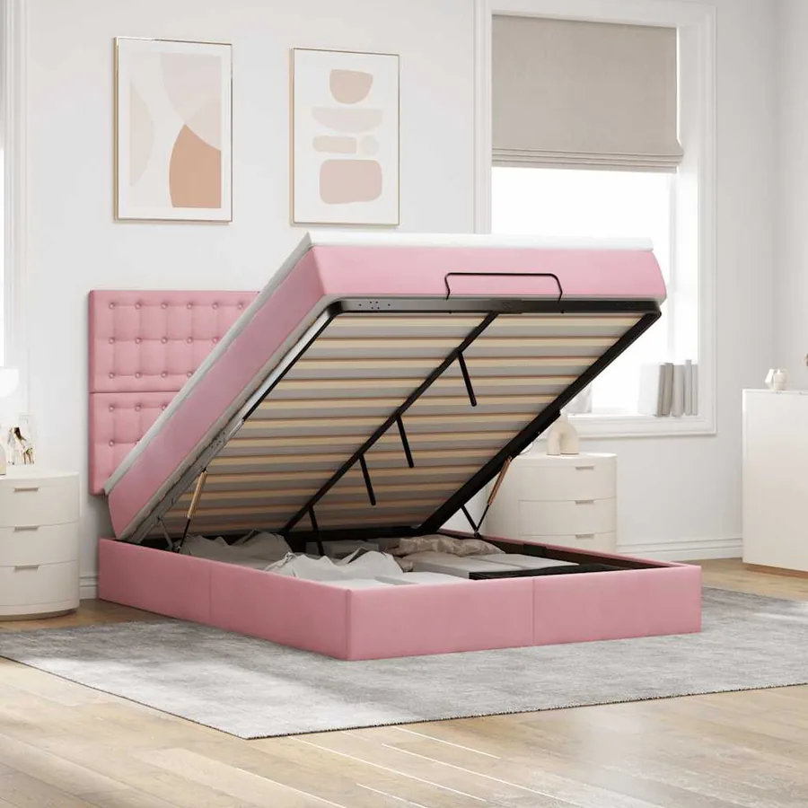 Cadre de lit ottoman avec matelas rose 140x200 cm velours