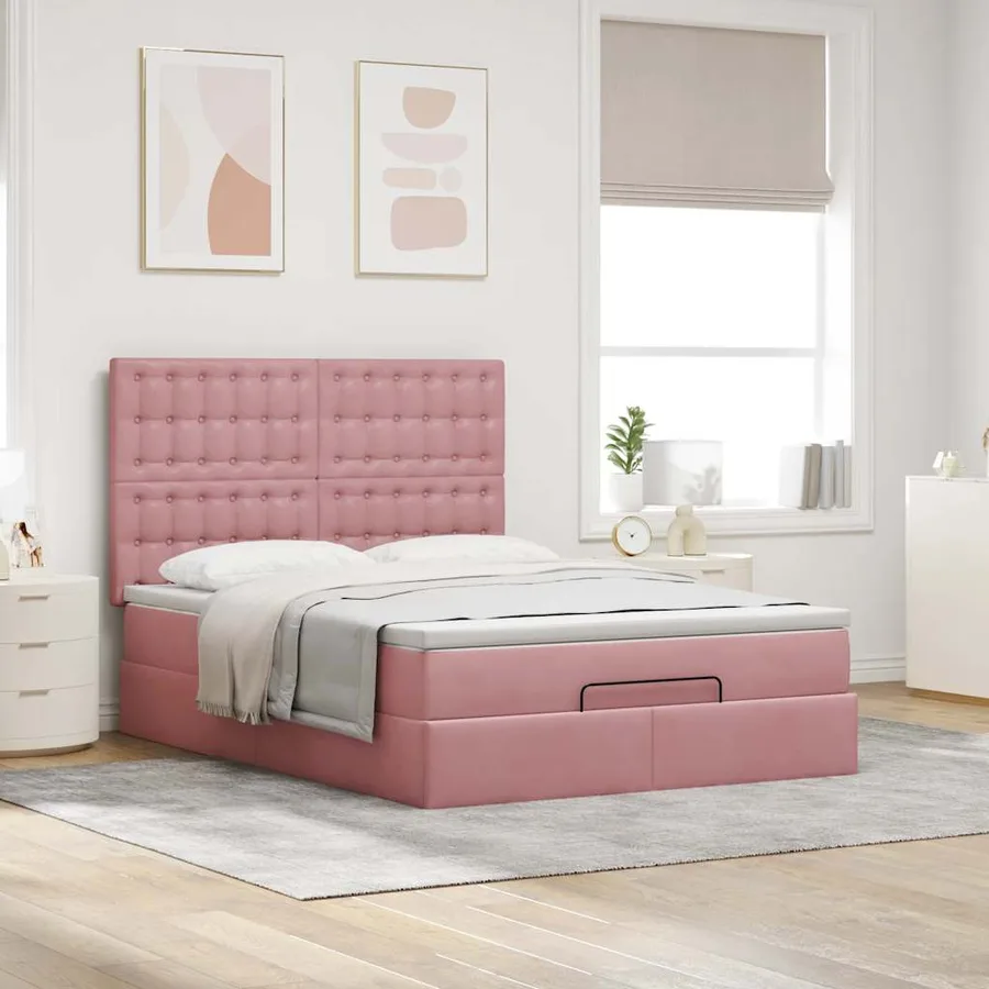 Cadre de lit ottoman avec matelas rose 140x200 cm velours - 3
