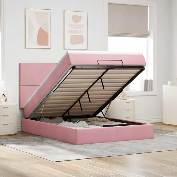 Cadre de lit ottoman avec matelas rose 140x200 cm velours