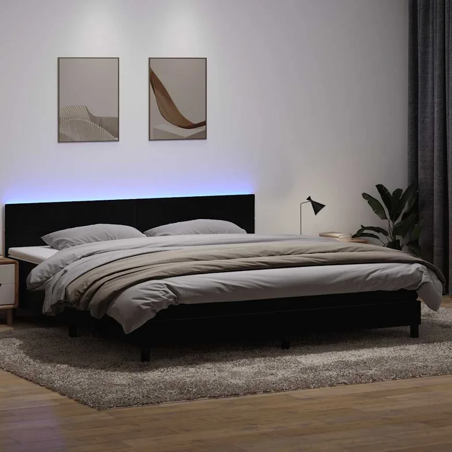 Sommier à lattes de lit avec matelas et LED noir 200x220 cm velours