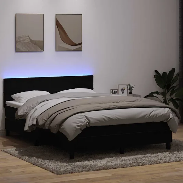 Sommier à lattes de lit avec matelas et LED noir 160x220 cm velours