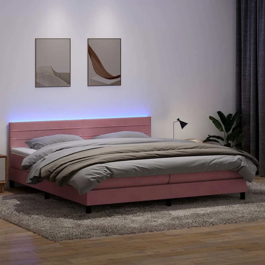 Sommier à lattes de lit avec matelas et LED rose 200x220 cm velours