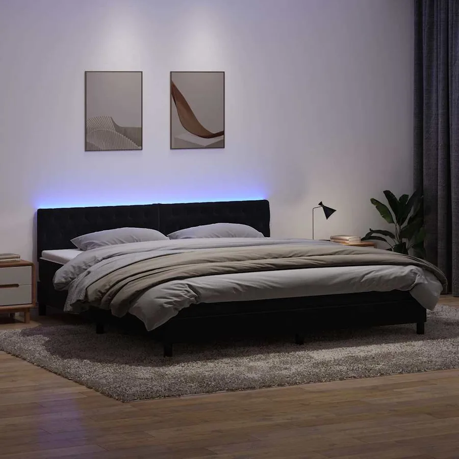 Sommier à lattes de lit avec matelas et LED noir 200x220 cm velours - 4