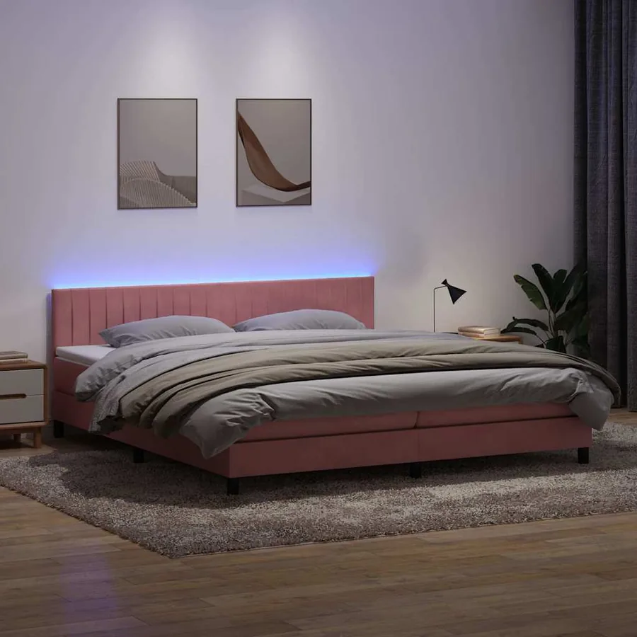 Sommier à lattes de lit avec matelas et LED rose 200x220 cm velours