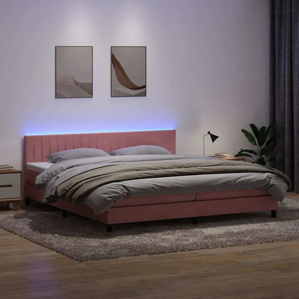 Sommier à lattes de lit avec matelas et LED rose 200x220 cm velours