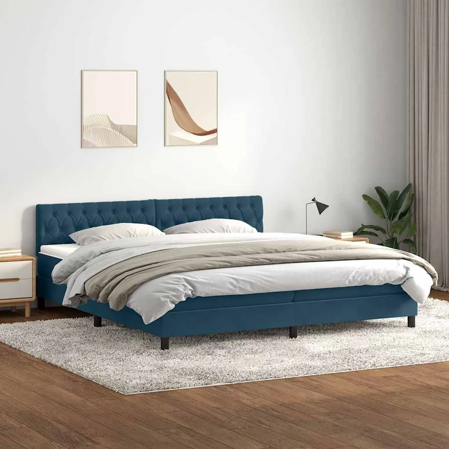 Sommier à lattes de lit et matelas bleu foncé 180x220cm velours