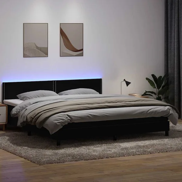 Sommier à lattes de lit avec matelas et LED noir 180x220 cm velours
