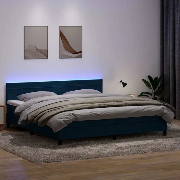 Sommier à lattes de lit et matelas et LED bleu foncé 180x220cm velours