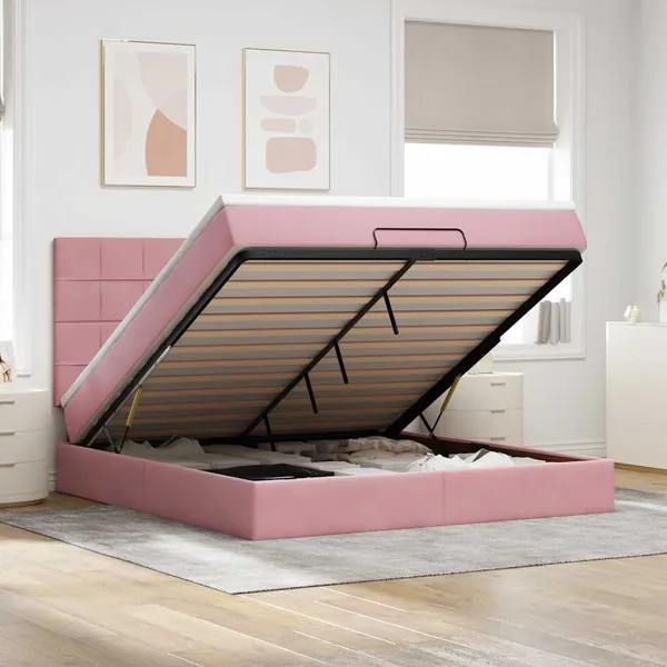 Cadre de lit ottoman avec matelas rose 160x200 cm velours