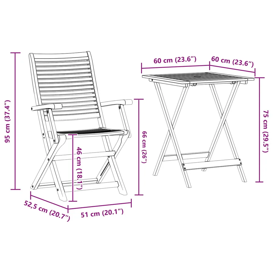 Ensemble bistro pliant 3 pcs Marron Bois d'Acacia Massif - 9