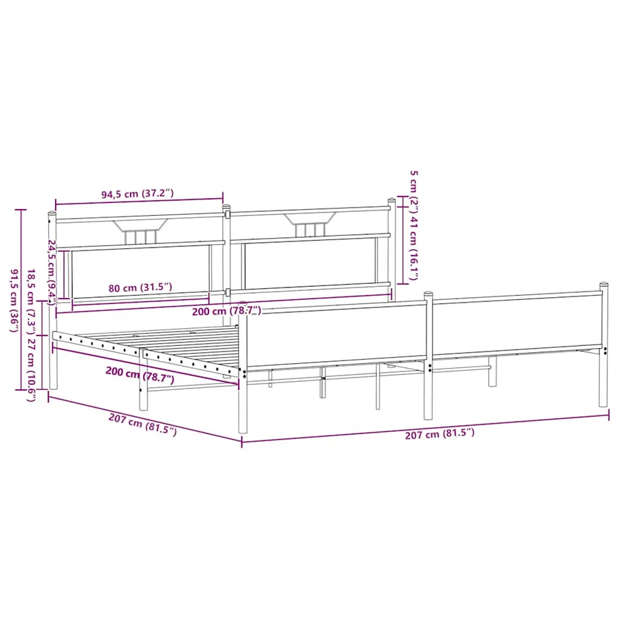 Cadre de lit en métal sans matelas chêne fumé 200x200 cm - 11