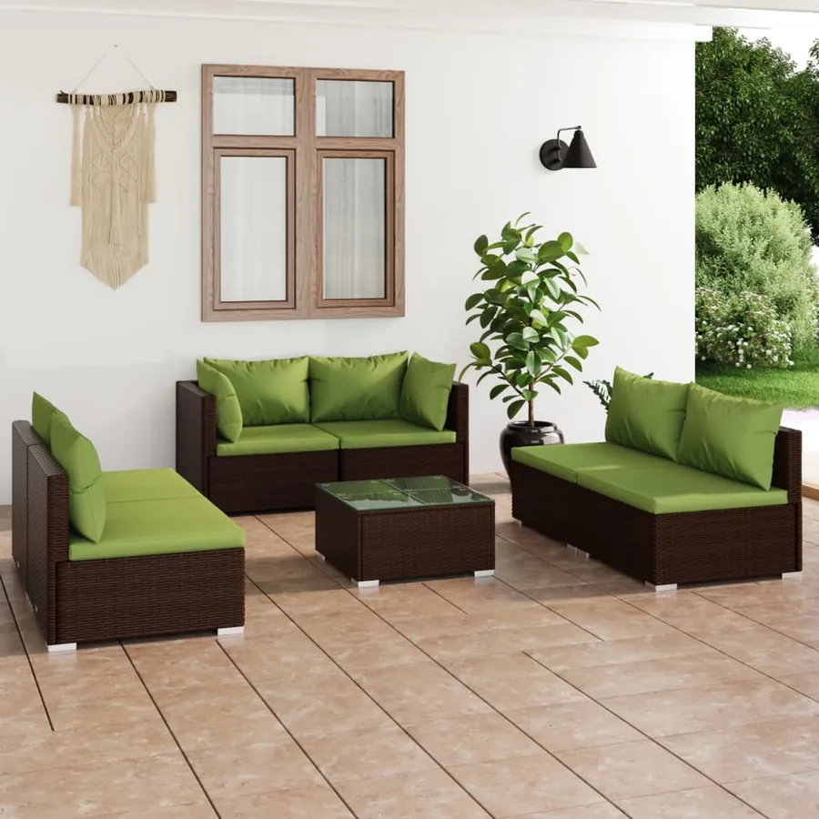 Salon de jardin 7 pcs avec coussins Résine tressée Marron
