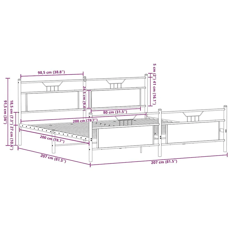Cadre de lit en métal sans matelas chêne sonoma 200x200 cm - 11
