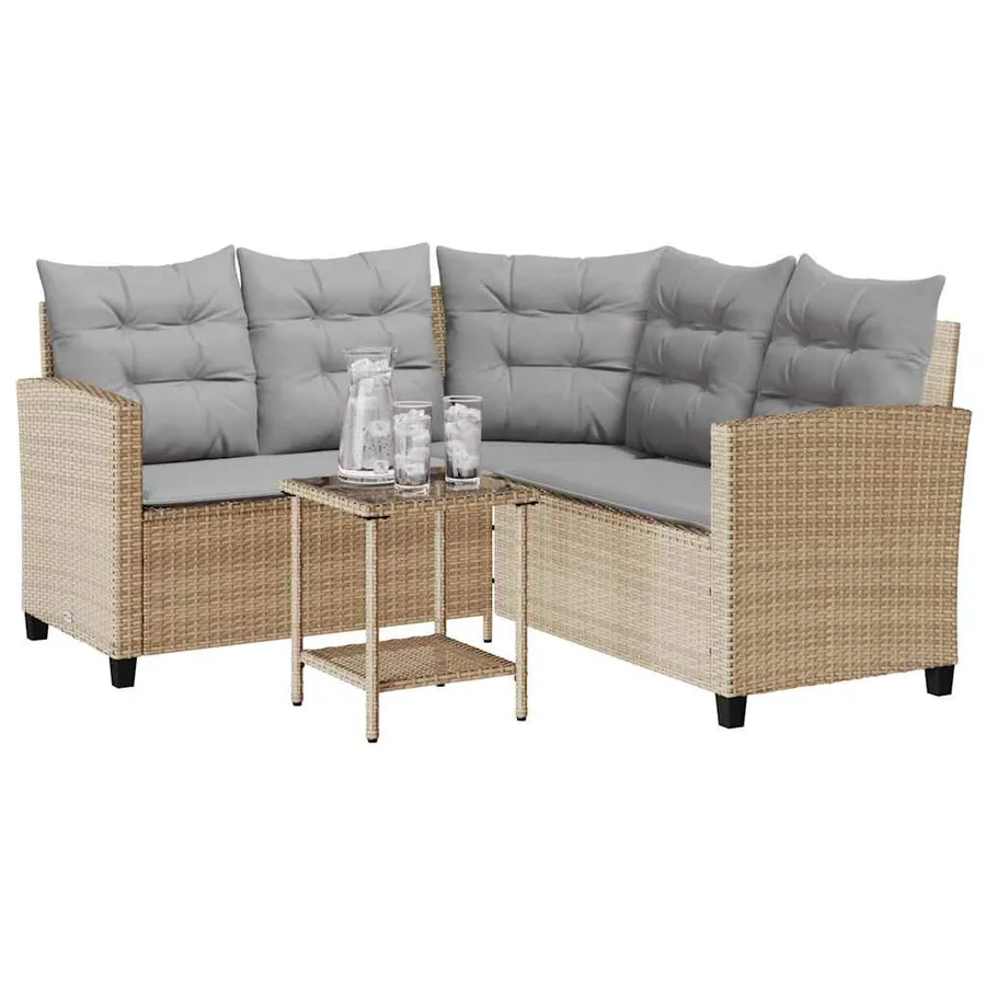 Canapé de jardin avec table et coussins en forme de L beige - 4