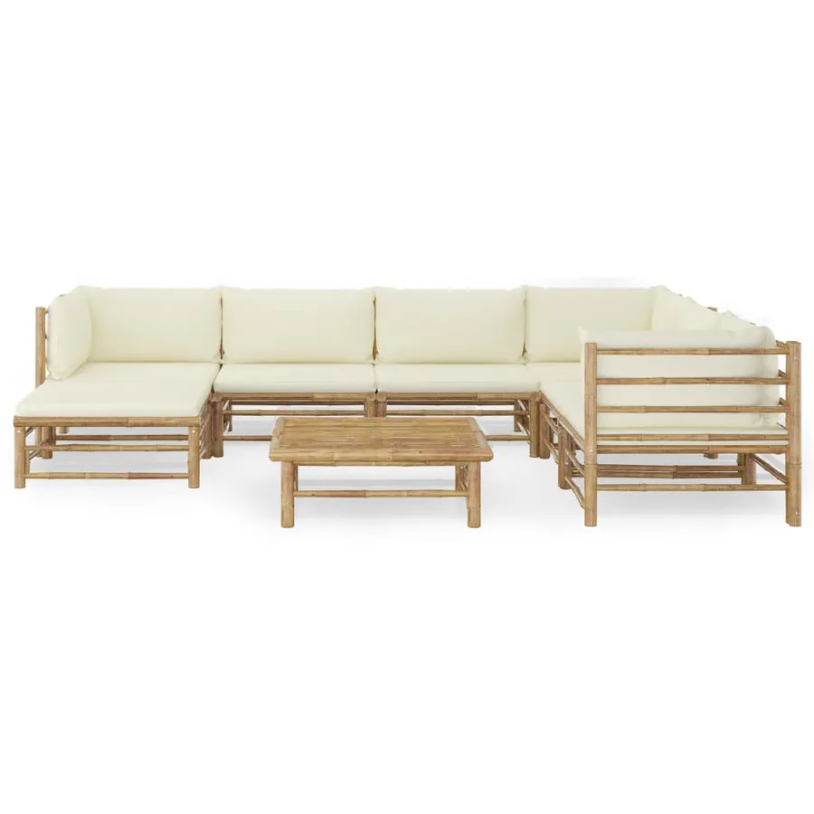 Salon de jardin 8 pcs avec coussins blanc crème bambou - 2