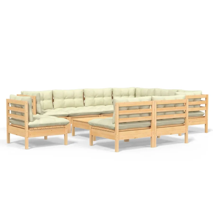 Salon de jardin 10 pcs avec coussins crème bois de pin massif - 2