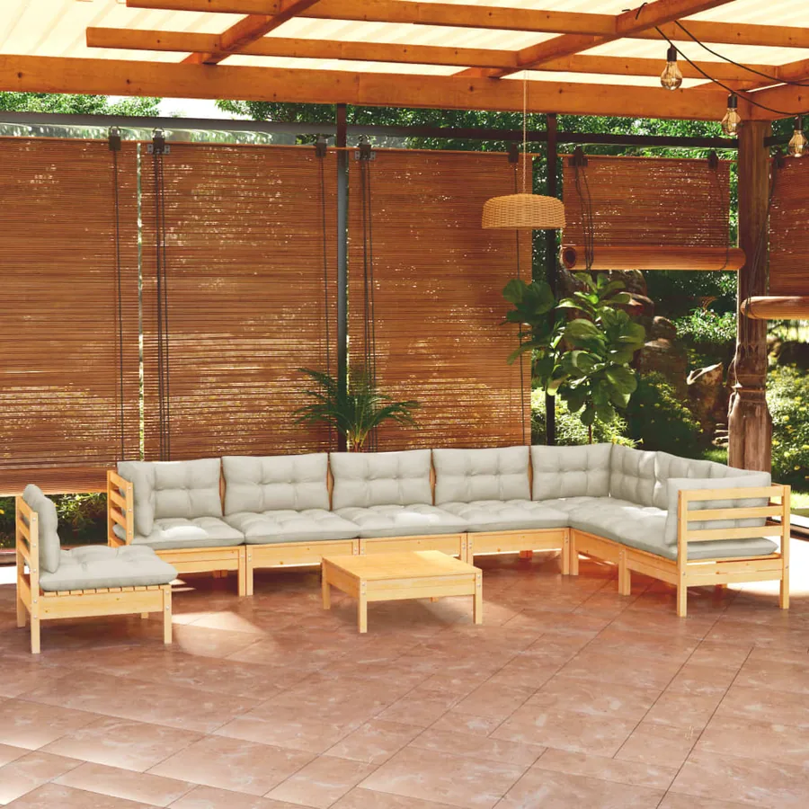 Salon de jardin 9 pcs avec coussins crème bois de pin massif