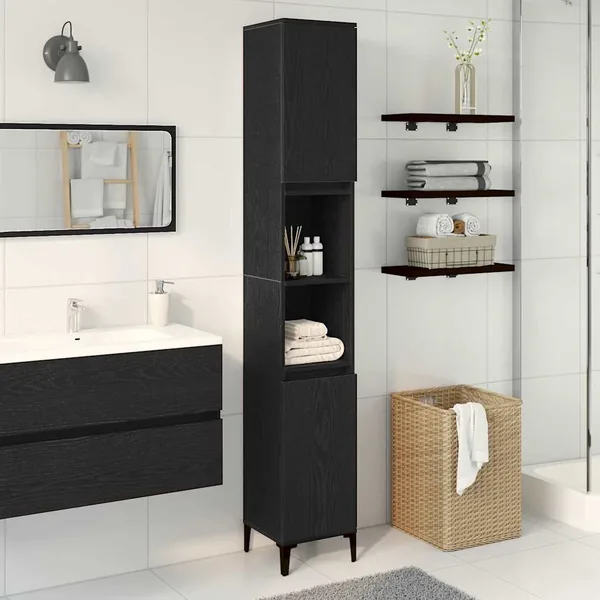 Cabinet de salle de bain avec porte Chêne noir 30 x 30 x 190 cm