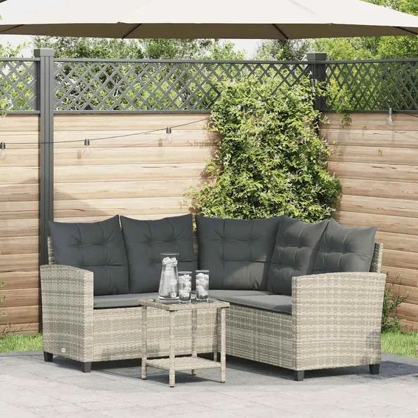 Canapé de jardin table et coussins en forme de L gris clair