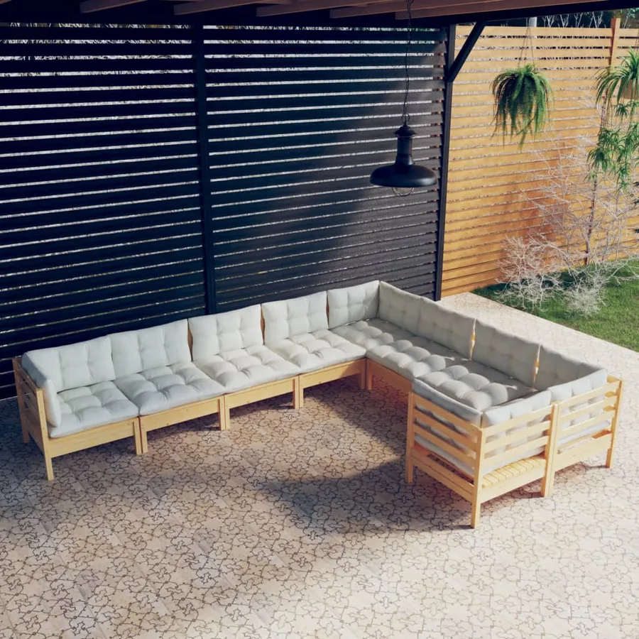 Salon de jardin 9 pcs avec coussins crème bois de pin