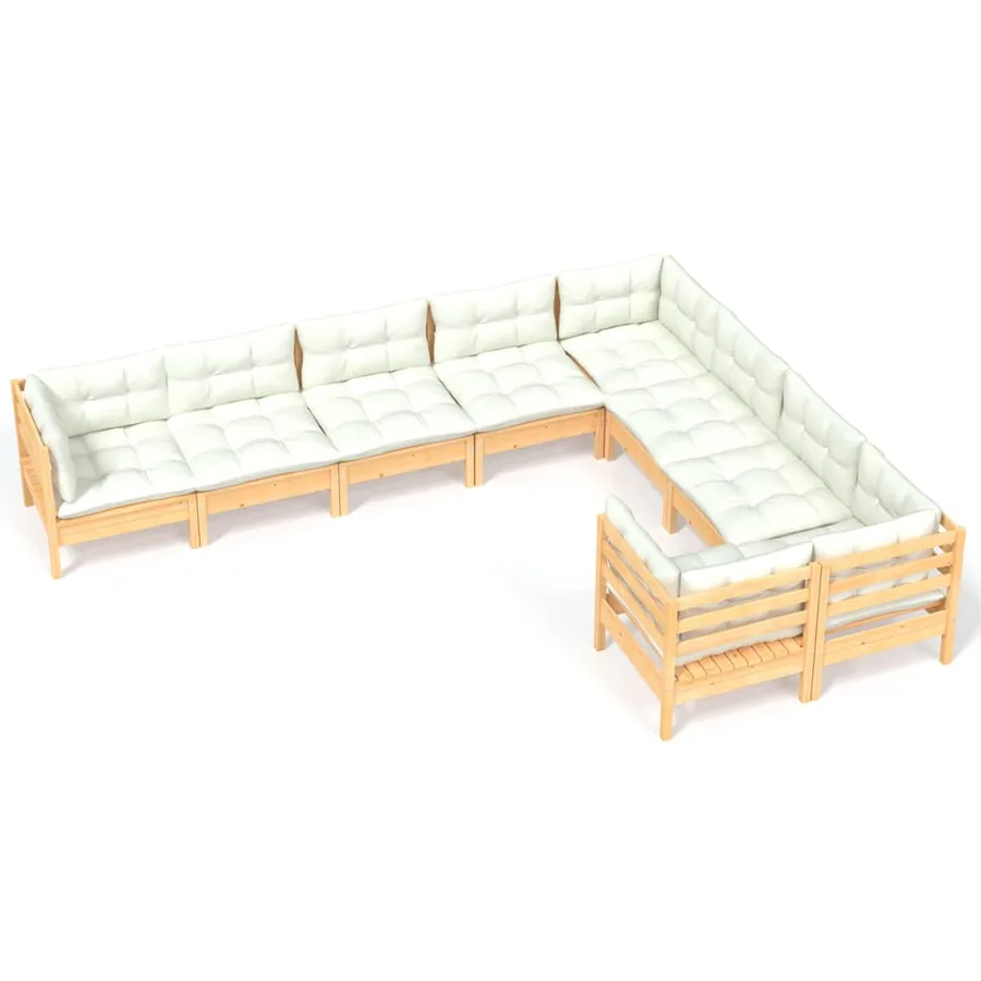 Salon de jardin 9 pcs avec coussins crème bois de pin - 2