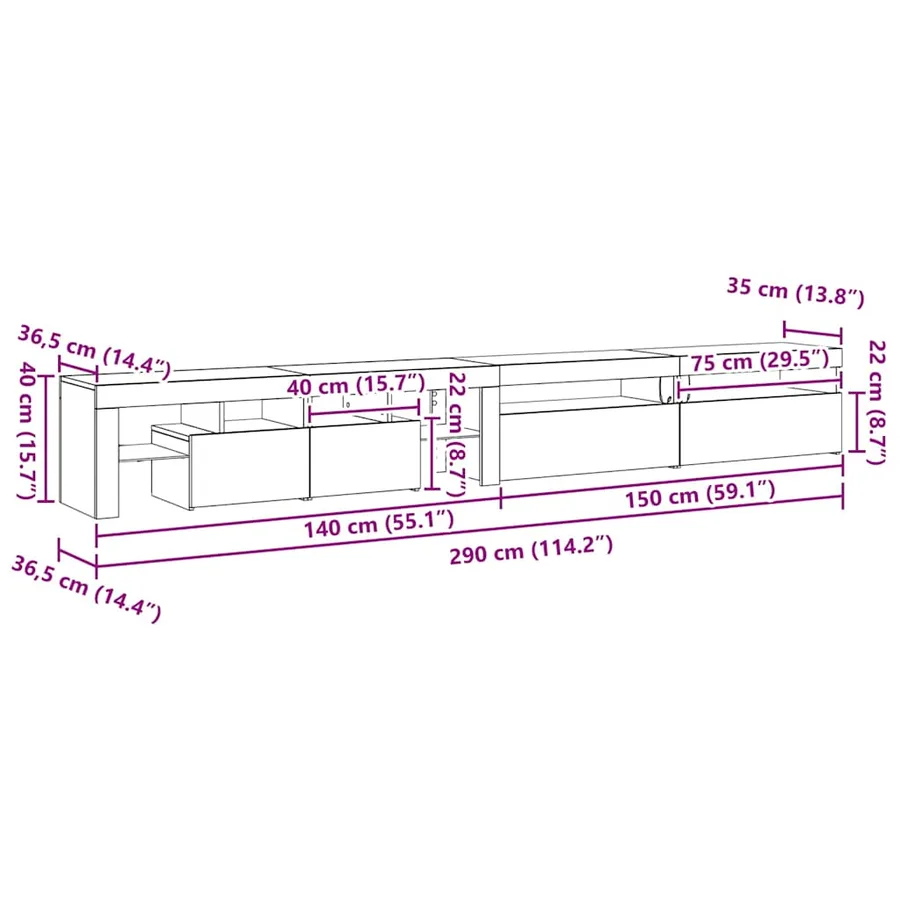 Meuble TV 3 pcs Chêne noir 290 x 36,5 x 40 cm Bois d'ingénierie - 16