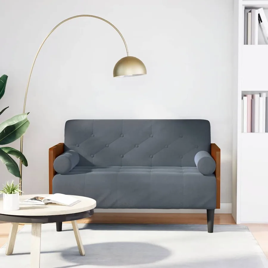 Canapé deux places avec coussins cylindriques gris foncé 110 cm velours