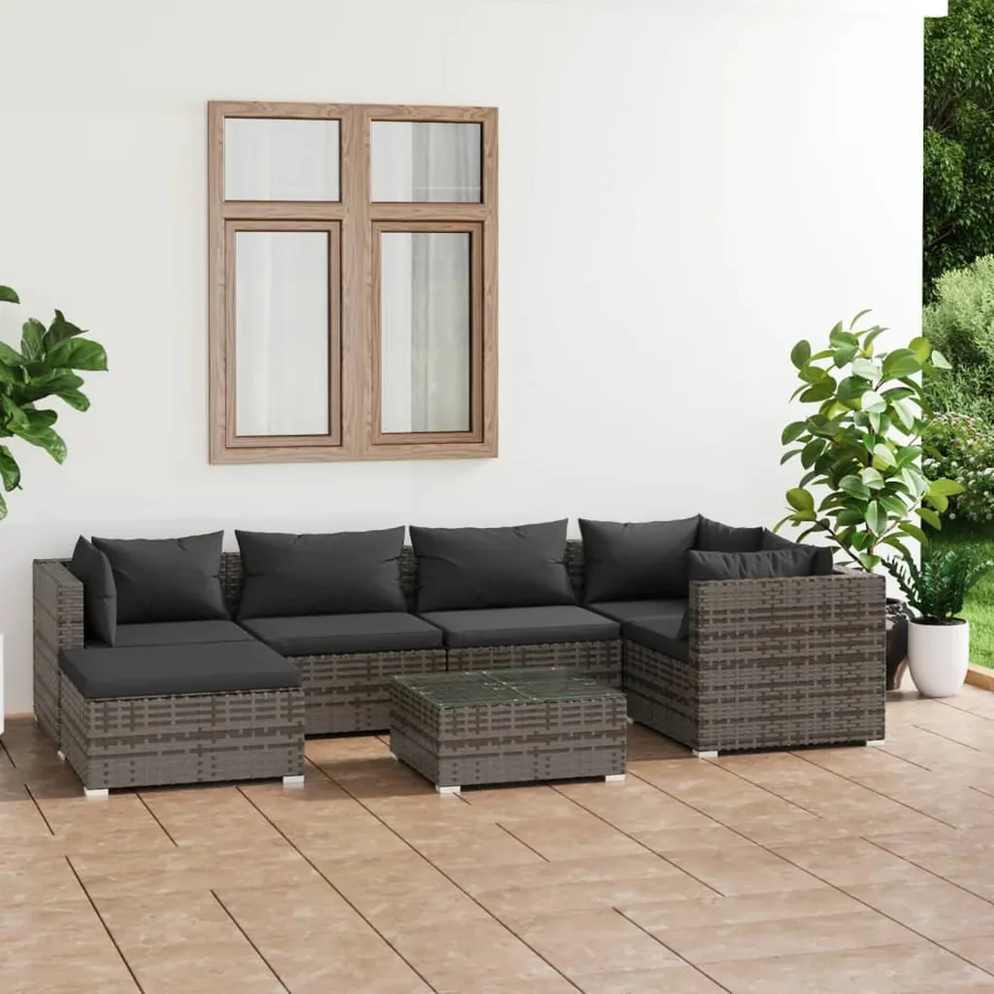 Salon de jardin 7 pcs avec coussins Résine tressée Gris