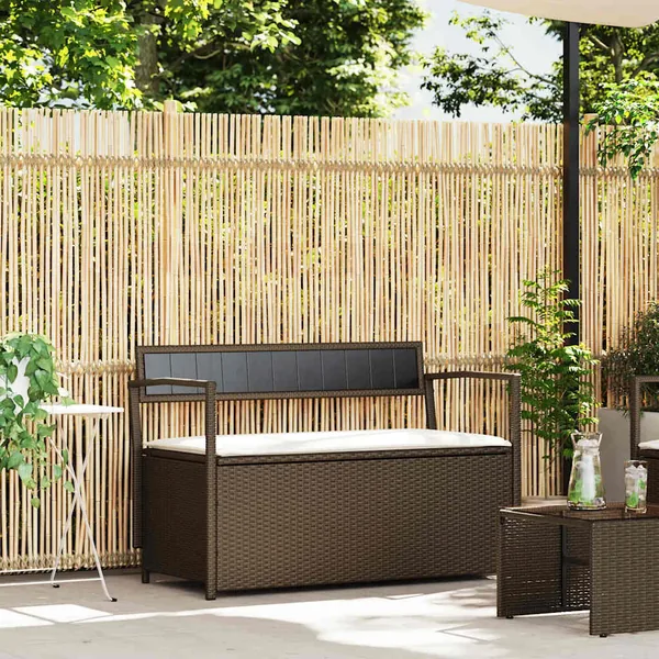 Banc de rangement de jardin avec coussin marron résine tressée