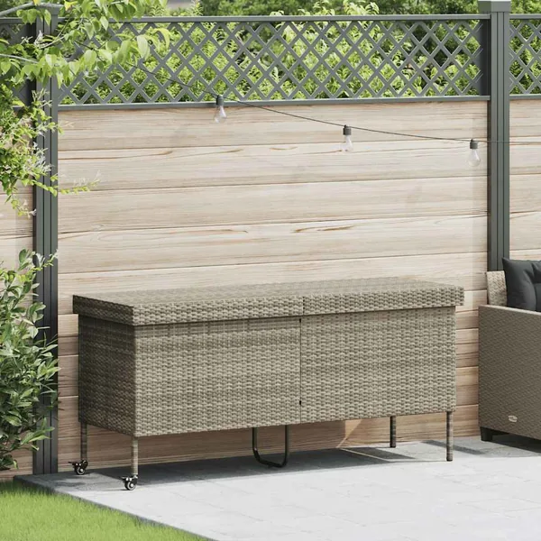 Boîte de rangement de jardin et roues gris clair résine tressée
