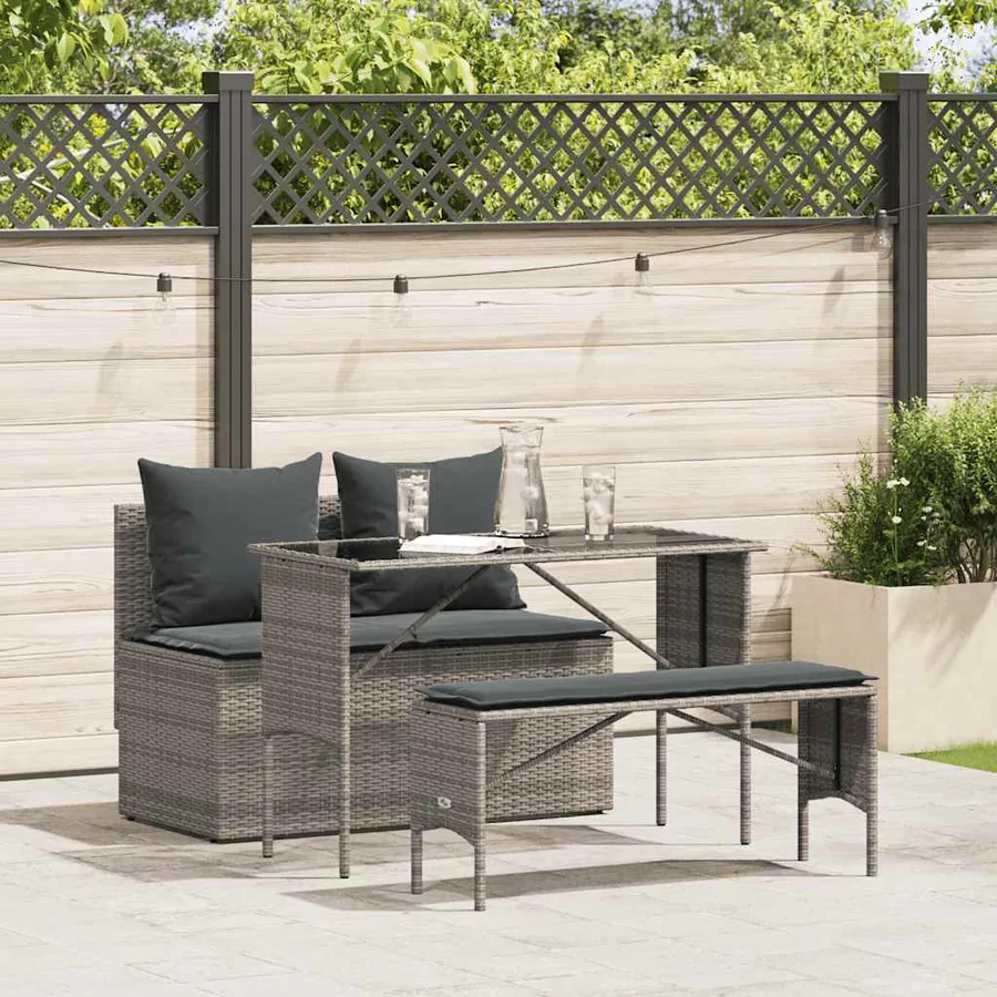 Ensemble à manger de jardin 3 pcs coussins gris résine tressée