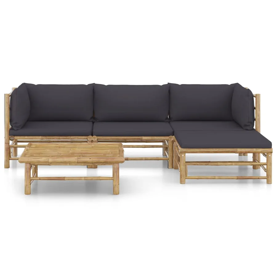 Salon de jardin 5 pcs avec coussins gris foncé bambou - 2