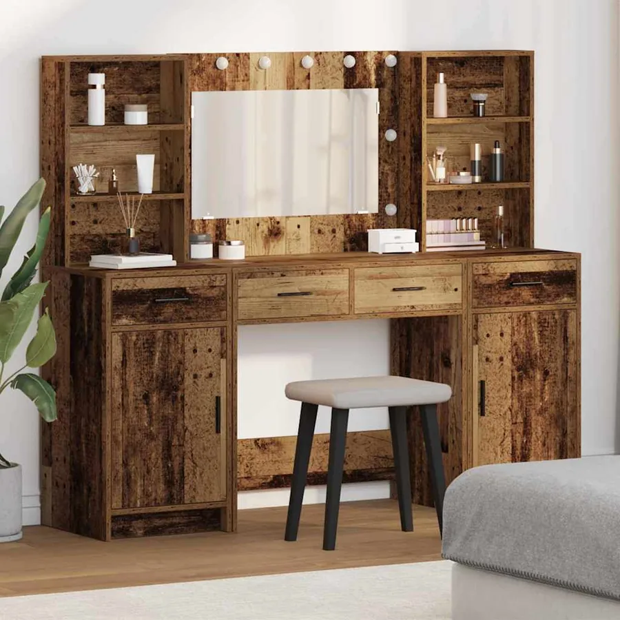 Ensemble de table de maquillage avec LED 3 pcs Bois ancien