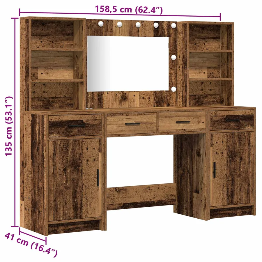 Ensemble de table de maquillage avec LED 3 pcs Bois ancien - 15