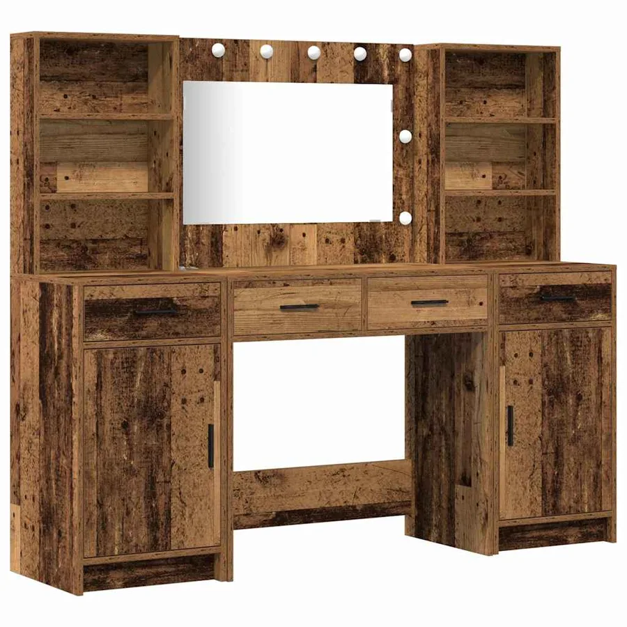 Ensemble de table de maquillage avec LED 3 pcs Bois ancien - 2