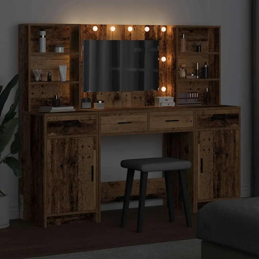 Ensemble de table de maquillage avec LED 3 pcs Bois ancien - 4