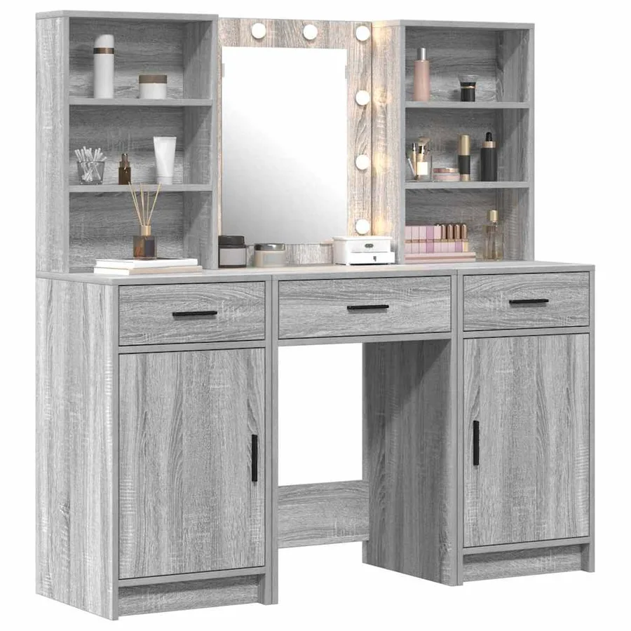 Ensemble de table de maquillage avec LED 3 pcs Gris Sonoma - 3