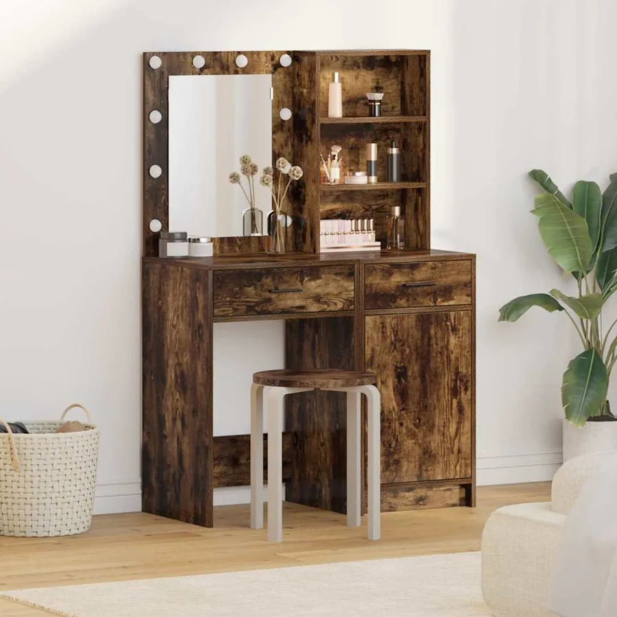 Ensemble de table de maquillage avec LED 2 pcs Chêne fumé