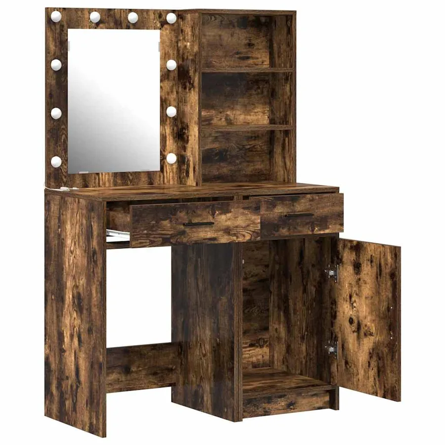 Ensemble de table de maquillage avec LED 2 pcs Chêne fumé - 7