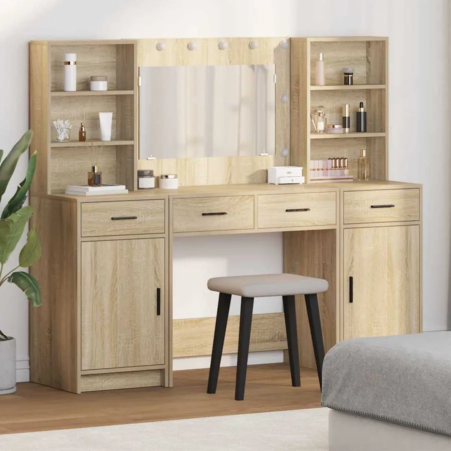 Ensemble de table de maquillage avec LED 3 pcs Chêne Sonoma