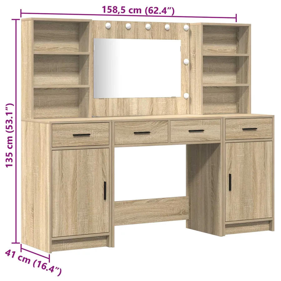 Ensemble de table de maquillage avec LED 3 pcs Chêne Sonoma - 15