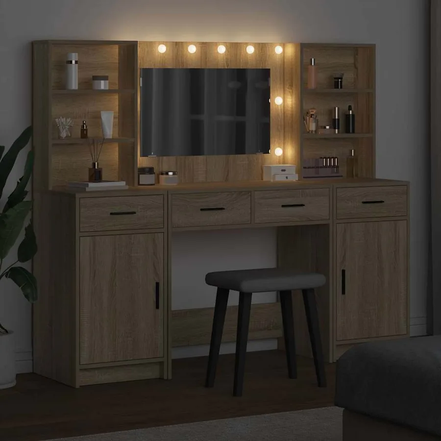 Ensemble de table de maquillage avec LED 3 pcs Chêne Sonoma - 4