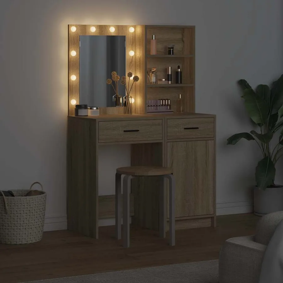 Ensemble de table de maquillage avec LED 2 pcs Chêne Sonoma - 4