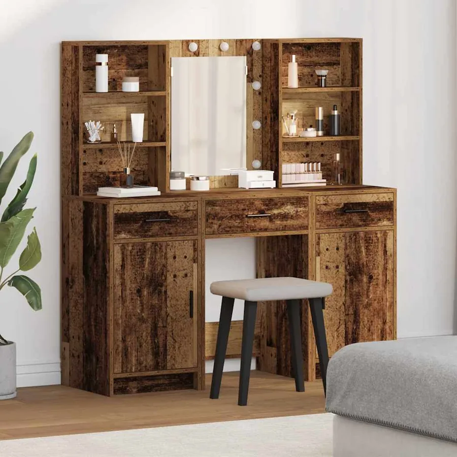 Ensemble de table de maquillage avec LED 3 pcs Bois ancien