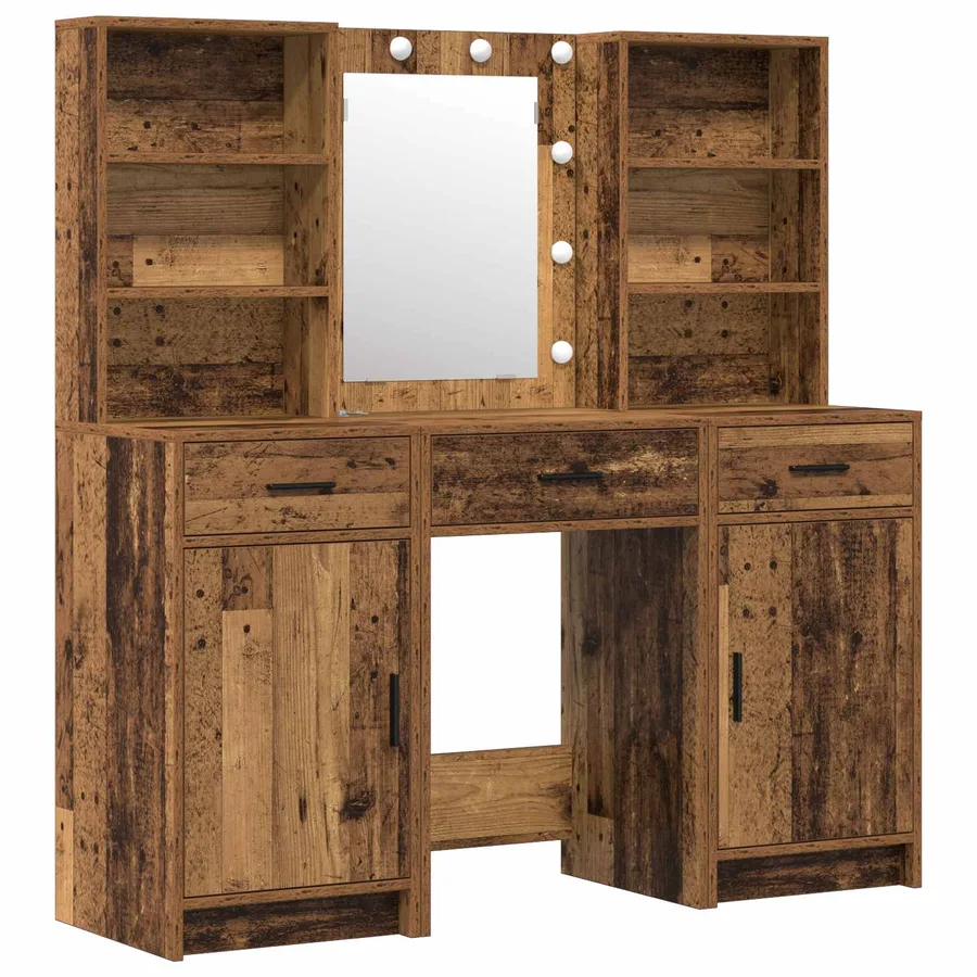 Ensemble de table de maquillage avec LED 3 pcs Bois ancien - 2