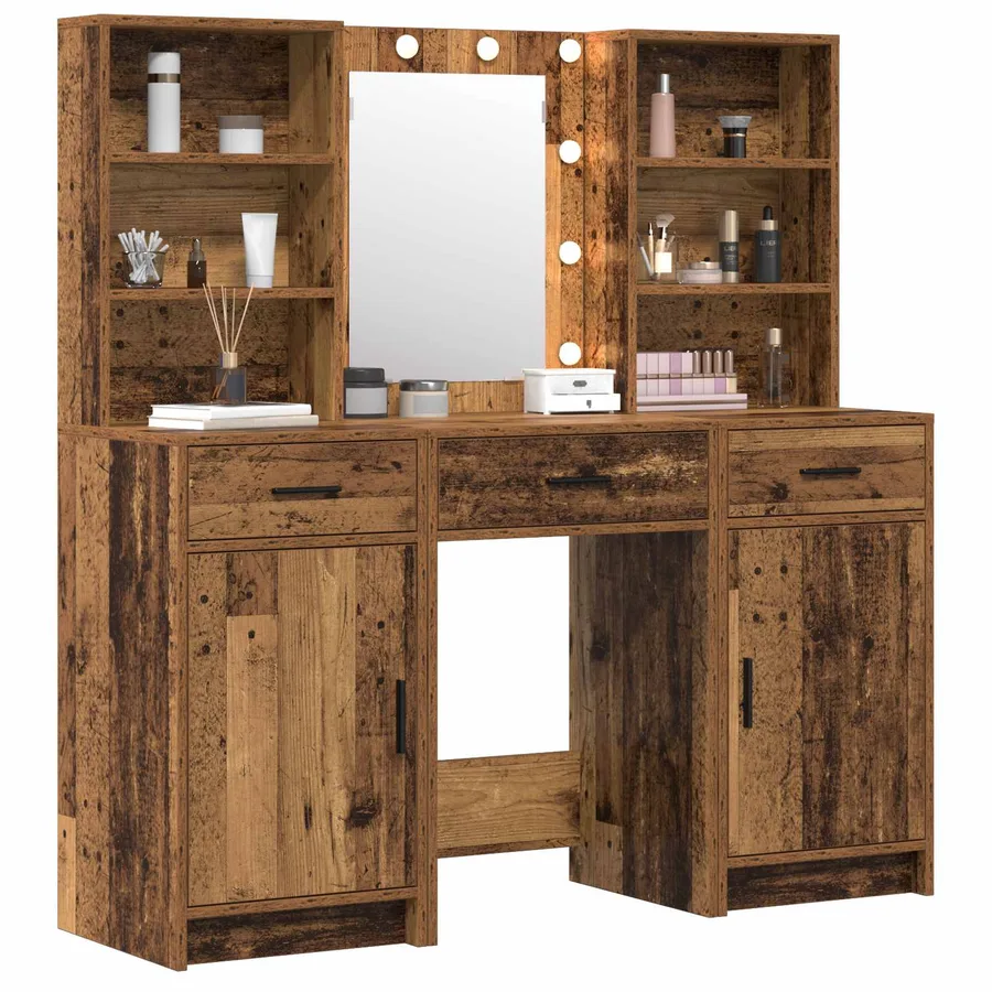Ensemble de table de maquillage avec LED 3 pcs Bois ancien - 3