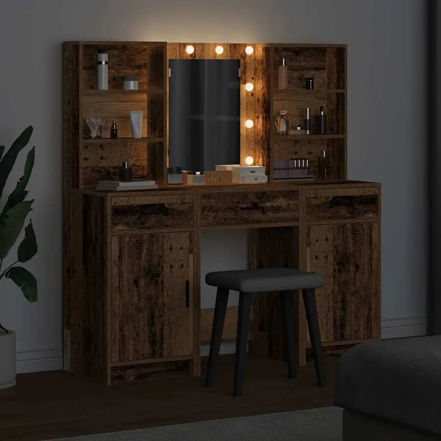 Ensemble de table de maquillage avec LED 3 pcs Bois ancien - 4