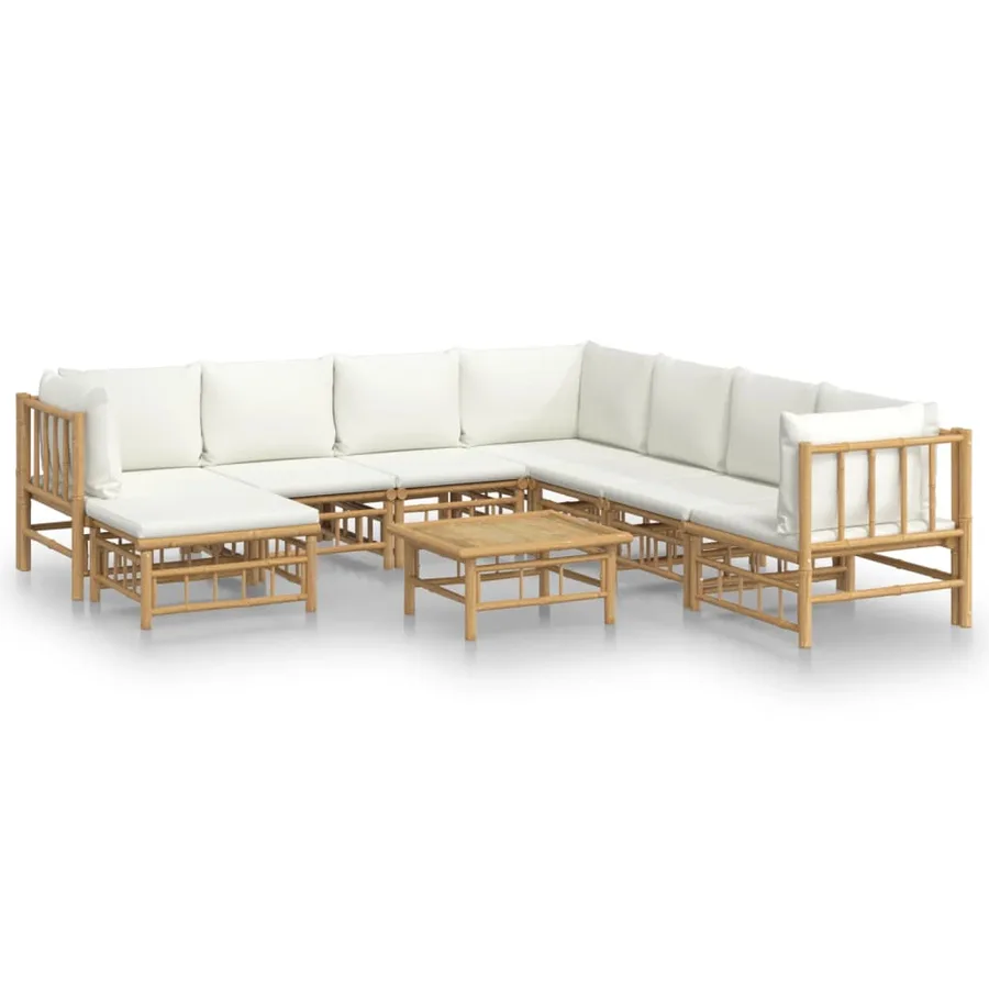 Salon de jardin 9 pcs avec coussins blanc crème bambou - 2